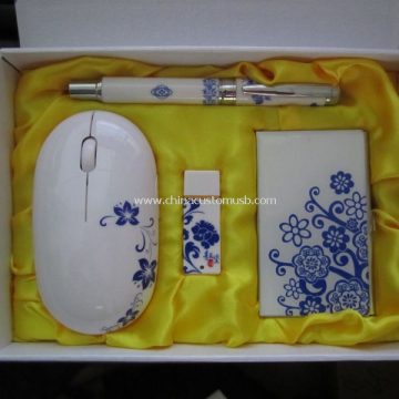 Azul e branco da porcelana aparência unidade Flash USB, caneta, Mouse