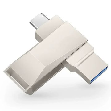 USB-minne i metall med dubbla utskjutbara kontakter för telefoner och datorer