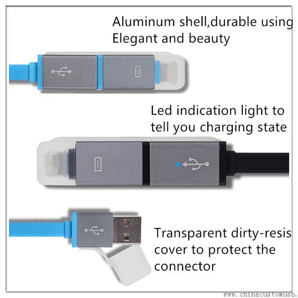 2 in 1 aluminum shell flat noodle colorful led indication usb cable