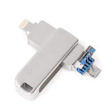 Tre-plugg roterende metall USB-minnepinne for smarttelefon