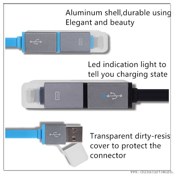 2 in 1 aluminum shell flat noodle colorful led indication usb cable