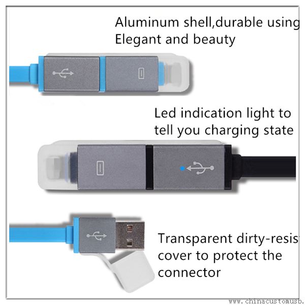 2 az 1-es alumínium gránát lapos tészta színes led jelzés usb-kábel