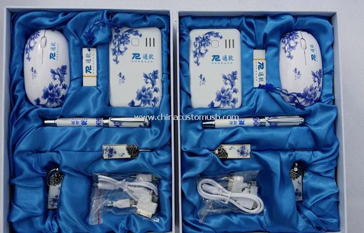Blu e bianco porcellana penna USB disco Mouse Gift set