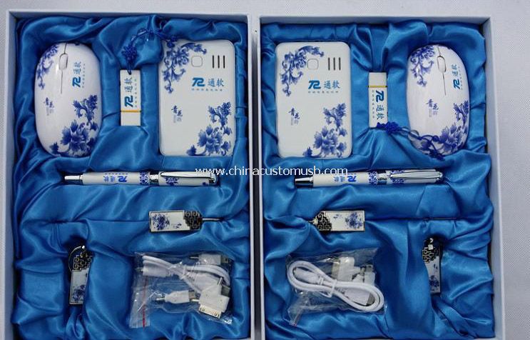 Biru dan putih porselen Pen USB Disk Mouse hadiah set