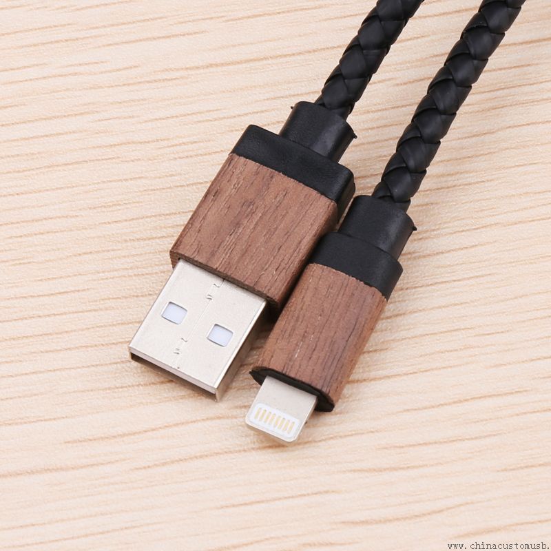 Câble USB coque en bois rond en cuir Charging Cable