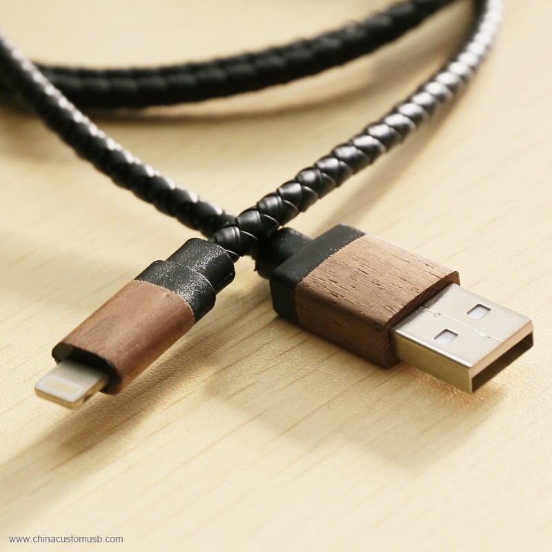 Shell madera USB Cable redondo Cable de carga de cuero 4
