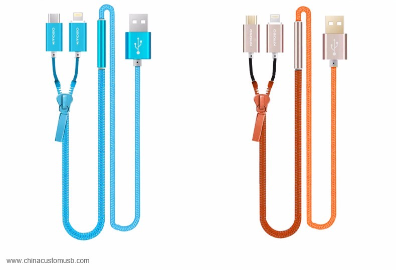 2 en 1 Micro USB de Cable Diseño de la Cremallera 1 M USB 2.0 Cable de Datos de Carga 3