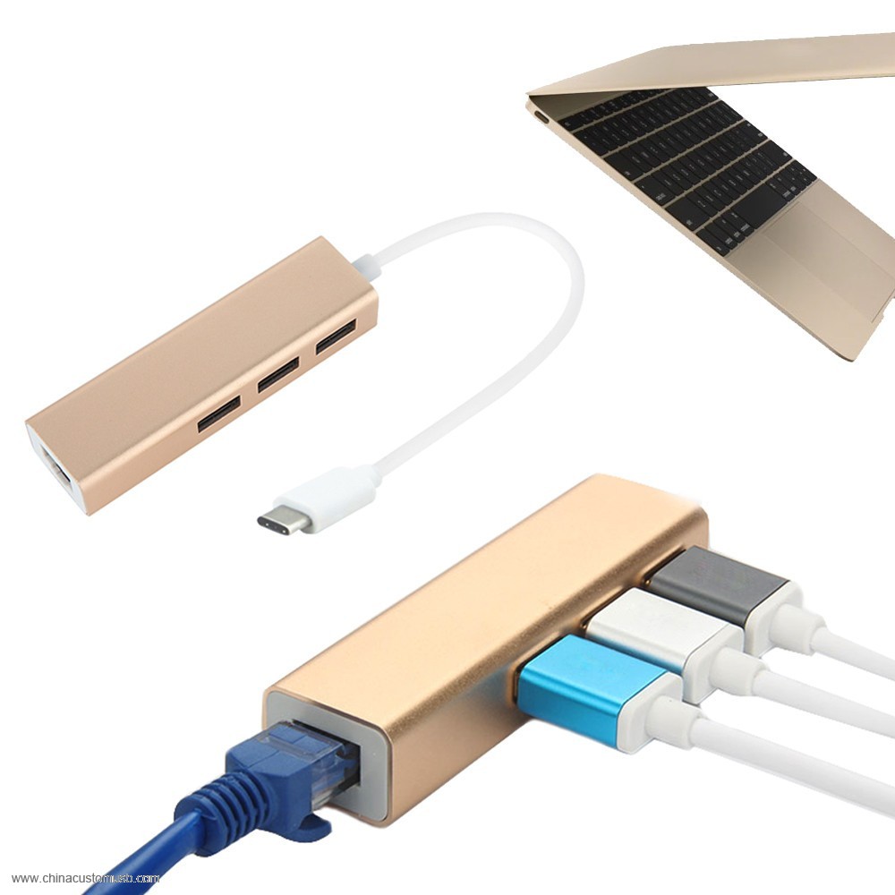 USB3.1 Type-C to RJ45 Ethernet LAN Adapter With 3 Port USB3.0 Hub 3
